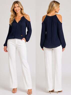 MICHAEL Michael Kors Navy Blue Cold-Shoulder Blouse with Gold Chain Detail
M99